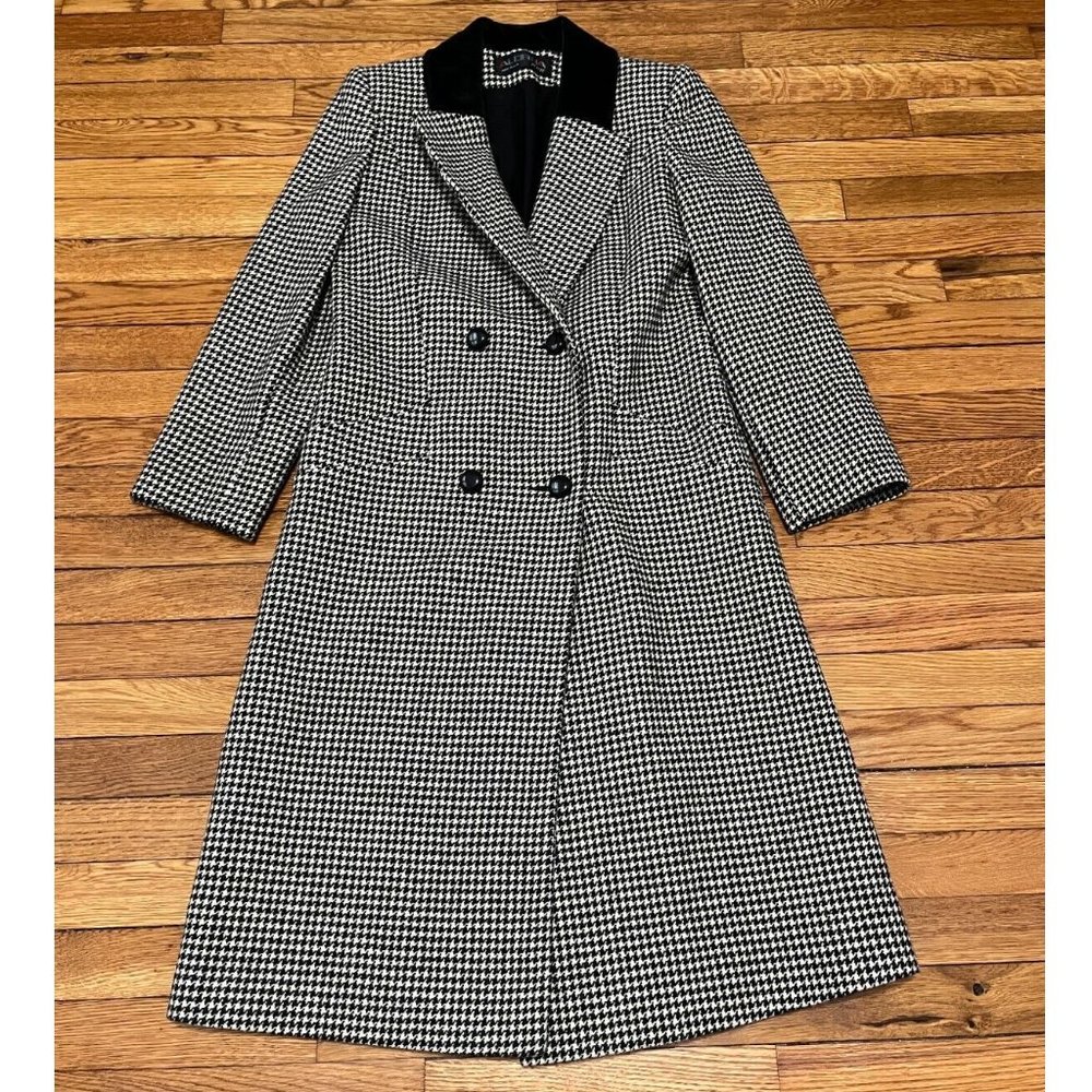 Alorna Vintage Wool Coat Womens 4p Petite Black White Houndstooth Button Down